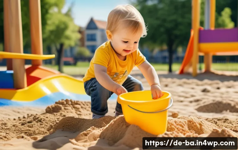 모듈식 접근법의 교육적 가치 - **A toddler playing in a sunny park, wearing a diaper and a bright yellow t-shirt. The child is buil...