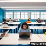 Home 18 모듈식 접근법의 효과적인 커리큘럼 - A modern, bright classroom scene showing diverse adult learners engaged in a modular learning enviro...