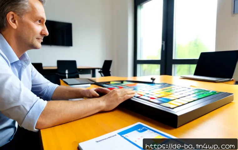 모듈식 접근법의 효과 측정 방법 - Photorealistic German workplace evaluation scene, a middle-aged project manager and analyst reviewin...